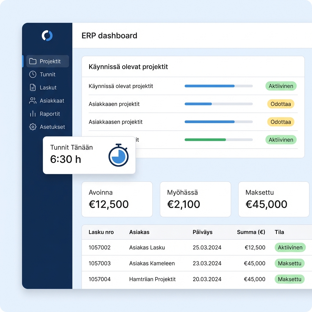 ERP järjestelmän näkymä - projektit, tunnit ja laskut