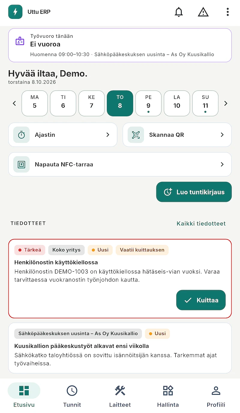 Kuvakaappaus Uttu ERP -mobiilisovelluksen etusivulta: työvuoro, viikkonauha, ajastin, QR-skannaus ja tiedotteet