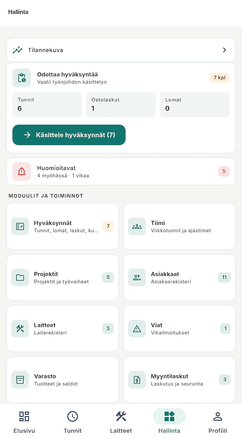 Kuvakaappaus Uttu ERP -mobiilisovelluksen Hallinta-näkymästä: hyväksyntäjono, huomioitavat ja moduulit